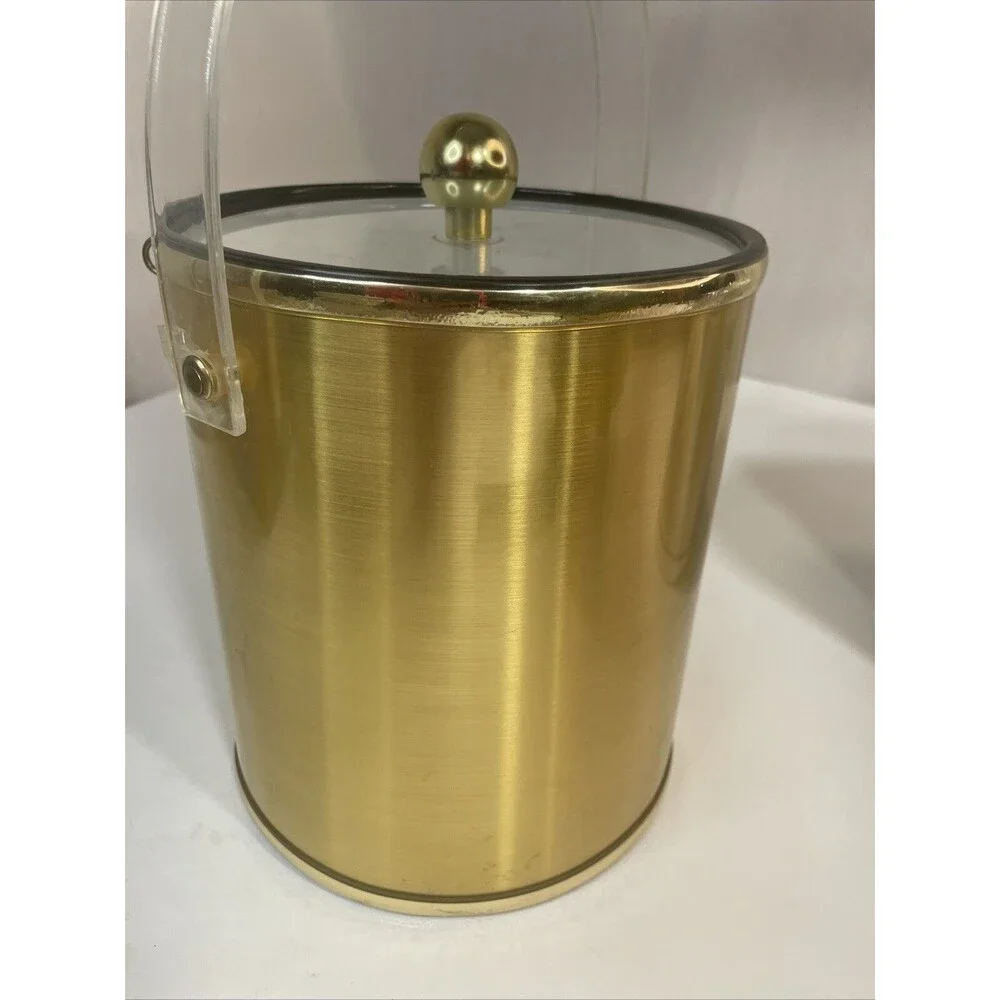 2 Vintage Gold Silver Ice Buckets Plastic, Clear Lid, Tongs Made In Taiwan
